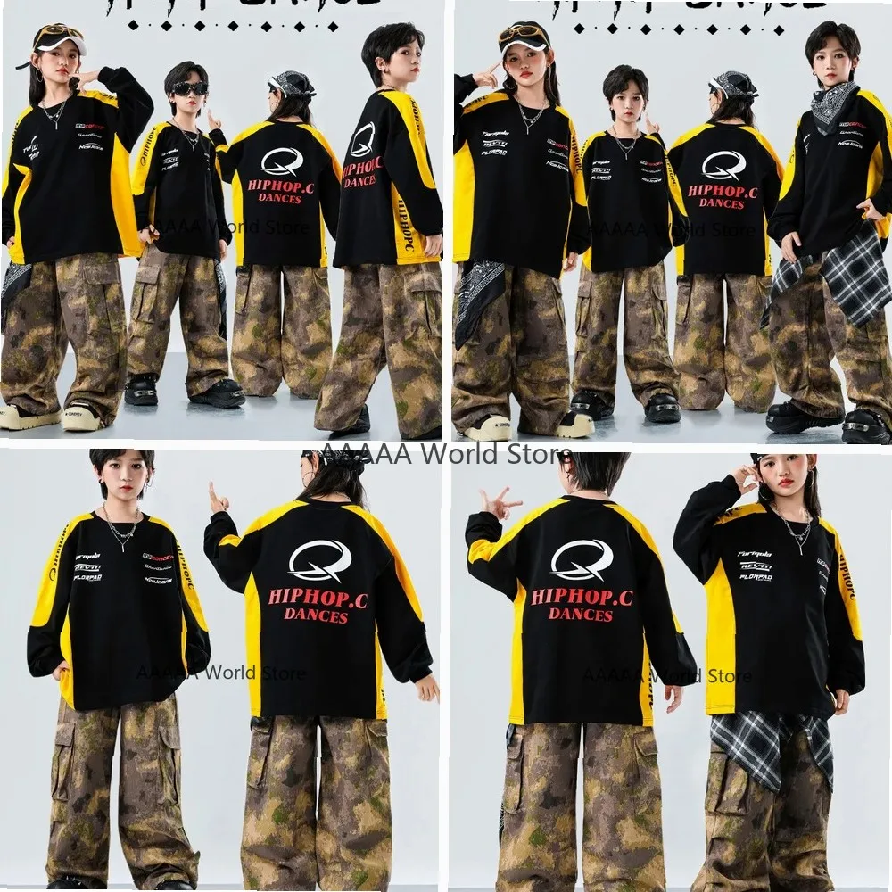 

Cosplay Sequin Crop Hoodie Camouflage Cargo Pants Set Kids Hip Hop Jazz Dance Streetwear Kpop Costume