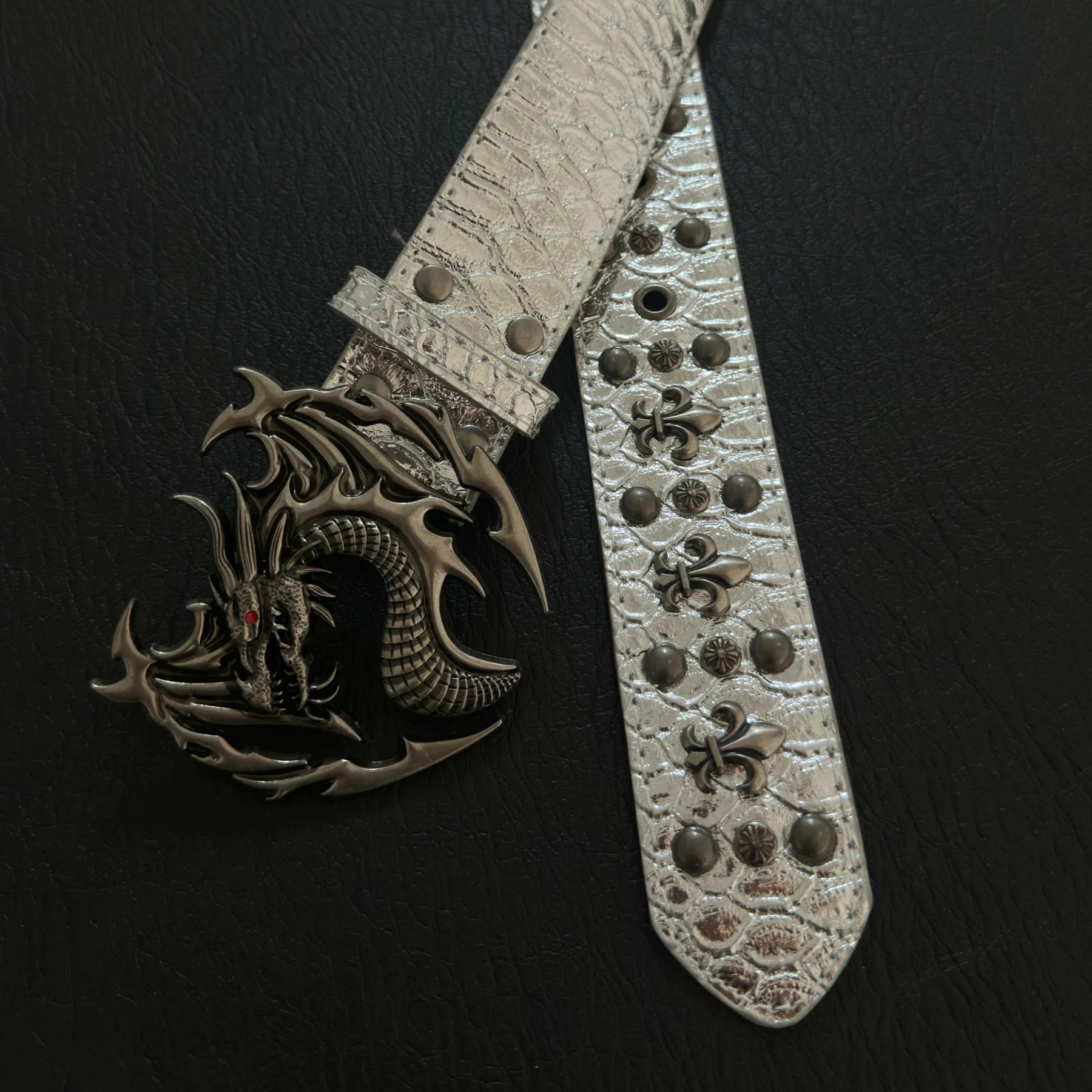 Chinese Style Vintage Antique Silver Dragon Head Rivet Belt, Silver Leather Belt, Handmade Punk Hip-Hop Fashion