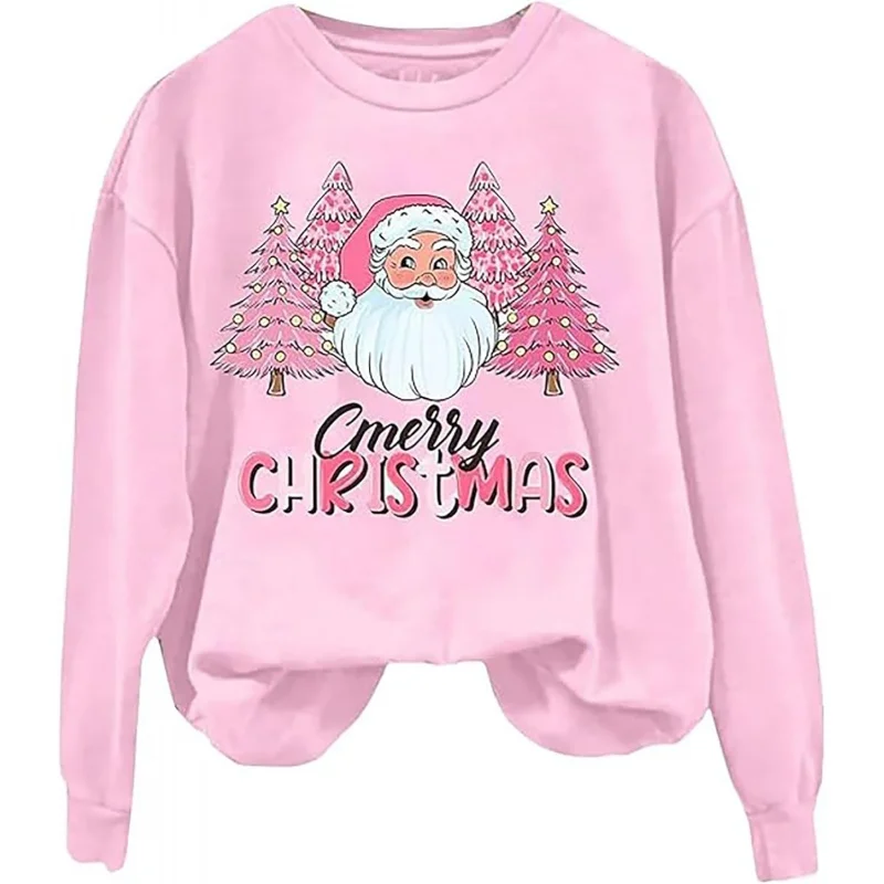 

Merry Christmas Sportswear Fashion Women's Pink Snowflake Printed Long Sleeve Lightweight Top