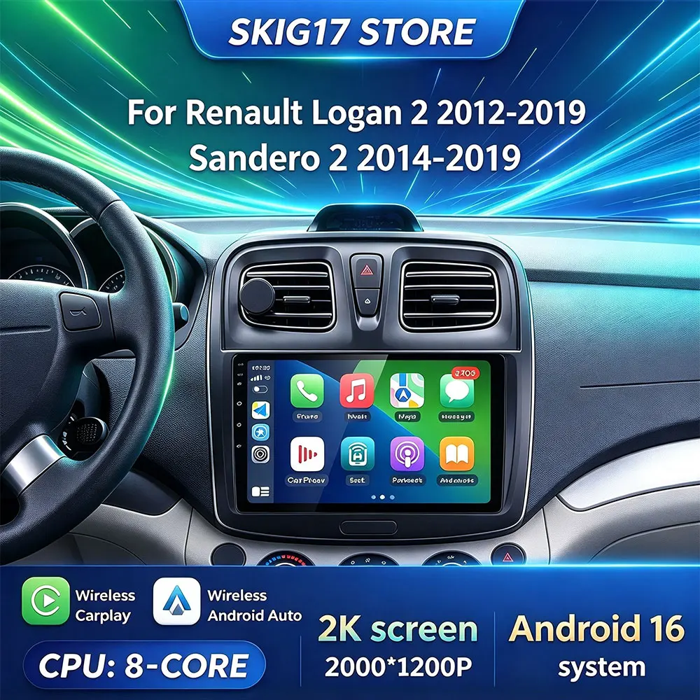 9inch Android 16 Car Radio for Renault Logan 2 2012-2019 Sandero 2 2014-2019 with Wireless Carplay 2K QLED Navigation BT