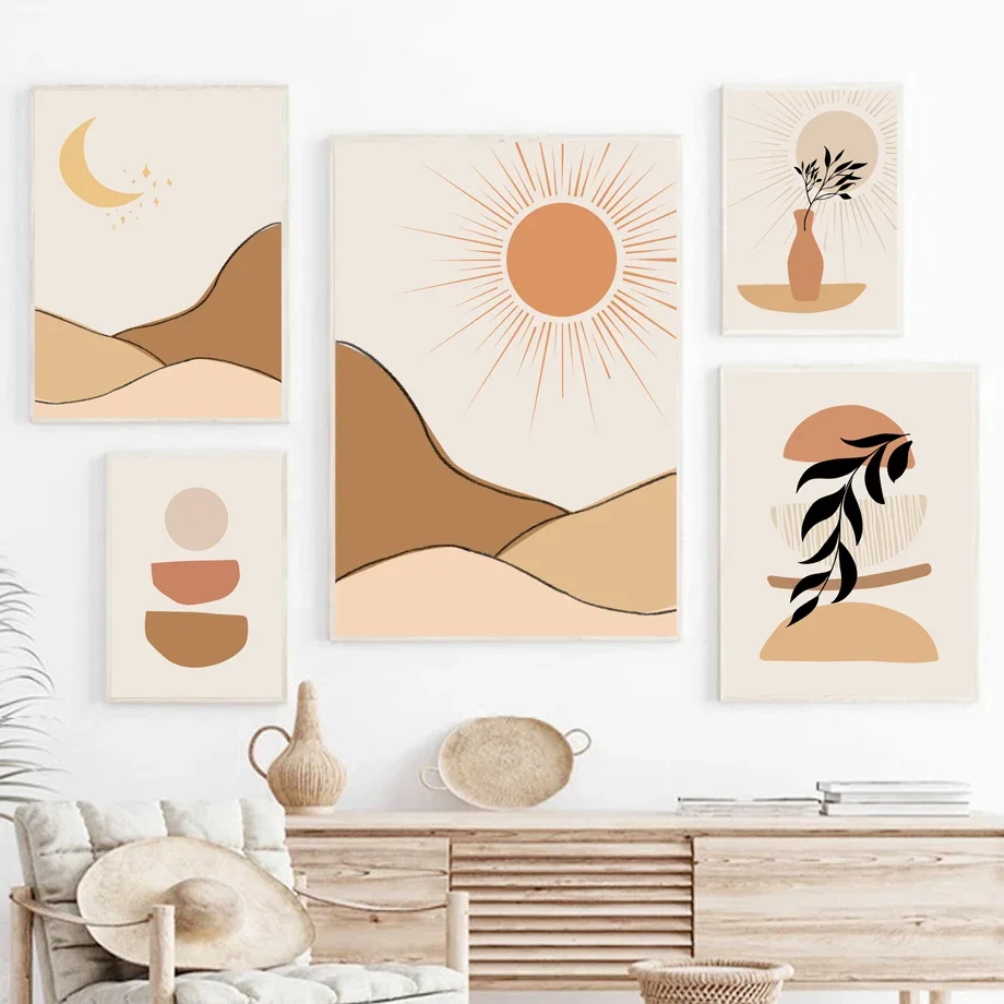 

Boho Sun Moon Leaves Rainbow Geometry Abstract Wall Art Canvas - Living Room Decorative Posters And Prints