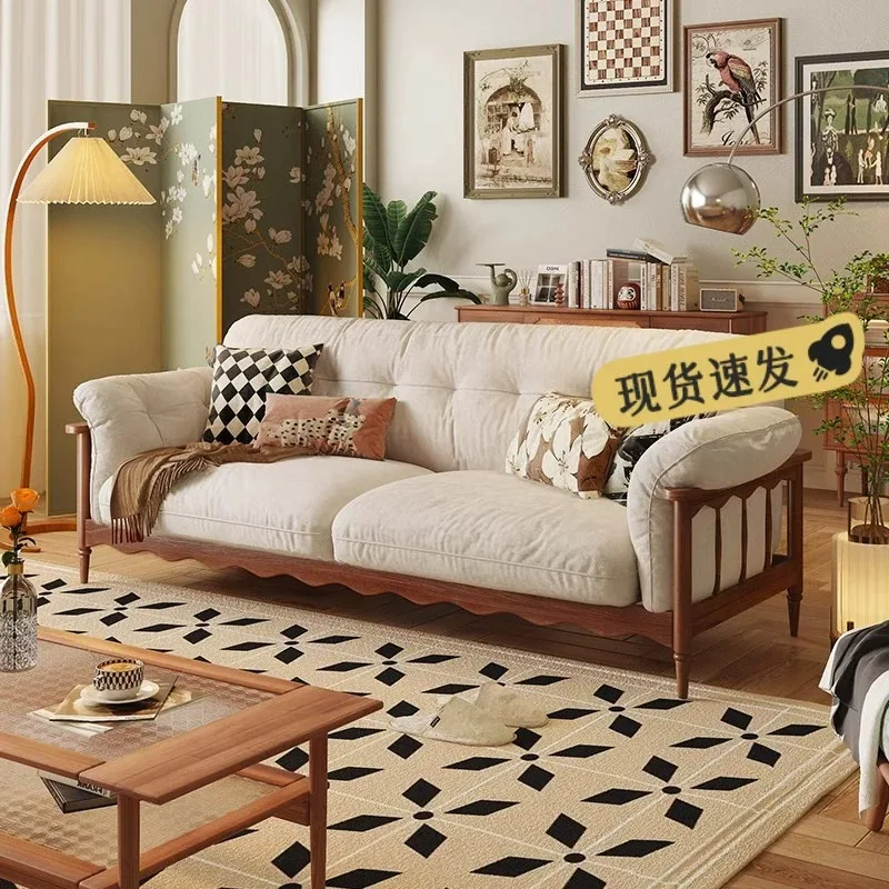 Japanese-style solid wood sofa fabric cloud log small apartment French retro three-person straight row