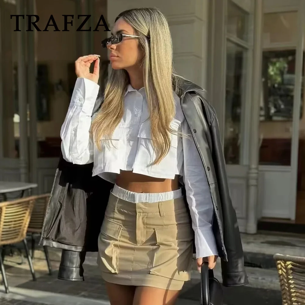 TRAFZA 2024 Spring Casual Women Short Shirts Fashion Streetwear Solid Pockets Turn Down Collar Single Breasted Chic Short Shirts