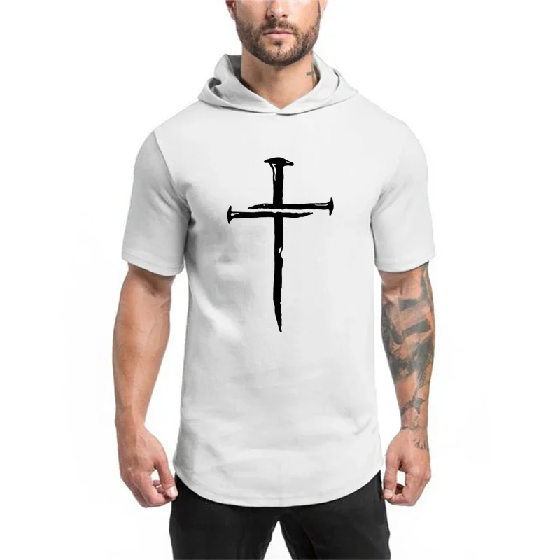 

Personalized Cross Print Sport T-shirt Cotton Breathable Bodybuilding Hooded Shirt Gym Fitness Muscle Short Sleeve Mens Hoodie