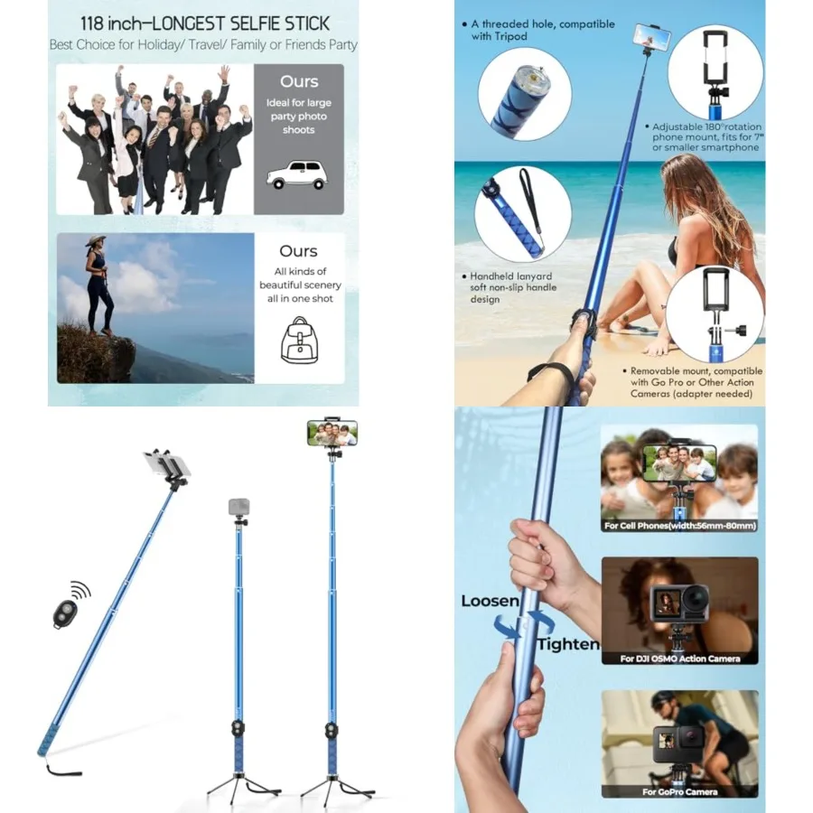 

118'' 9.8ft Long Selfie Stick for iPhone, Android, Extended Super Long Pole, Selfie Stick Tripod with Remote, for Selfies/Video Recording, Includes Phone Tripod, Bluetooth Wireless Remote (20 to 118")