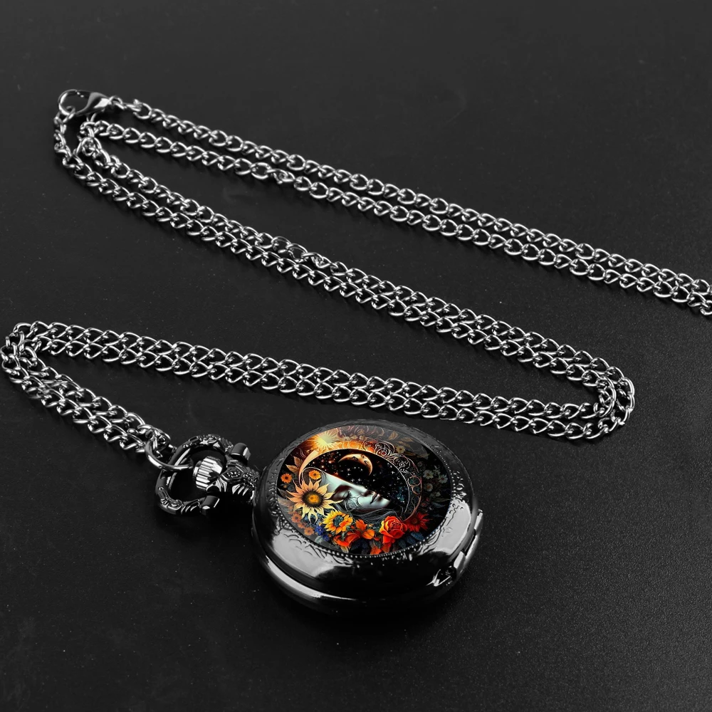 Vidro Dome Quartz relógio de bolso, Girassol, Deusa Design, Numeral árabe Dial on Chain, Ideal Presente para ocasiões especiais