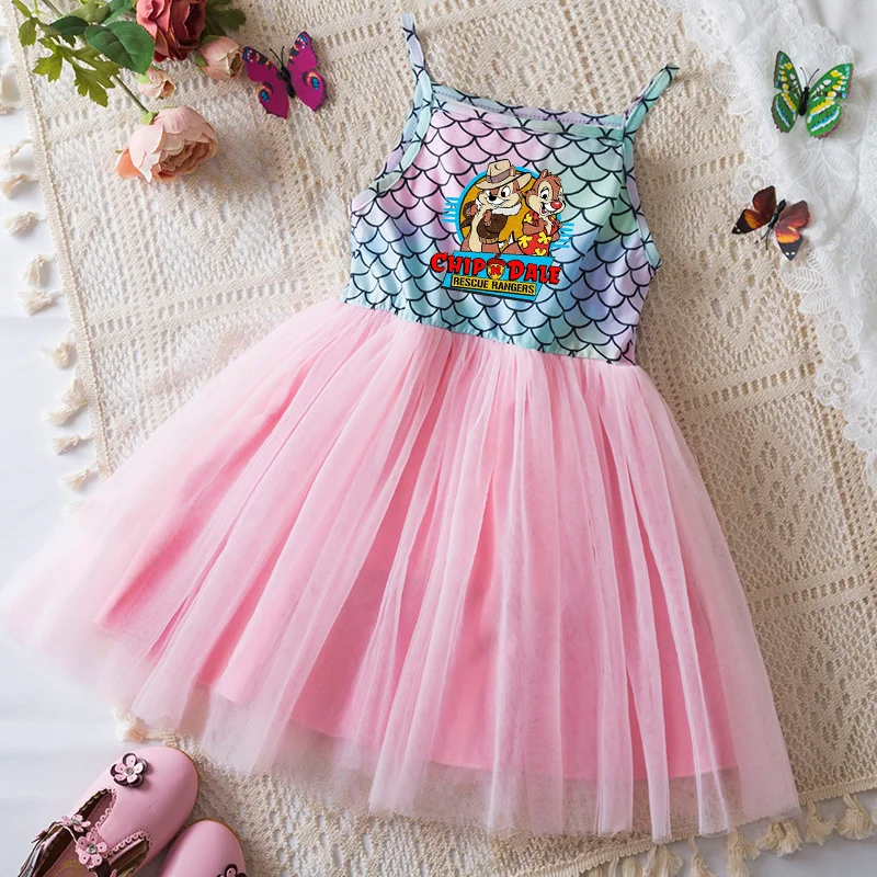 

Chip n Dale Kids Girls Princess Dresses Printed Cute Baby Clothes Cotton Sleeveless Sling Mermaid Dresses Birthday Party Costume