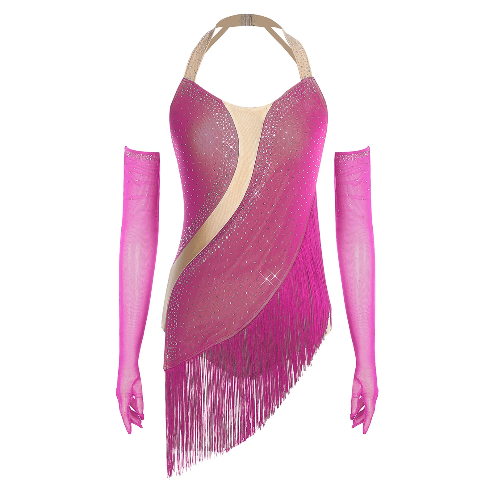 المرأة اللاتينية الرقص حجر الراين شرابة ارتداءها الرسن عارية الذراعين هامش يوتار وقفازات بذلة التانغو الجاز تشا تشا ملابس رقص #3