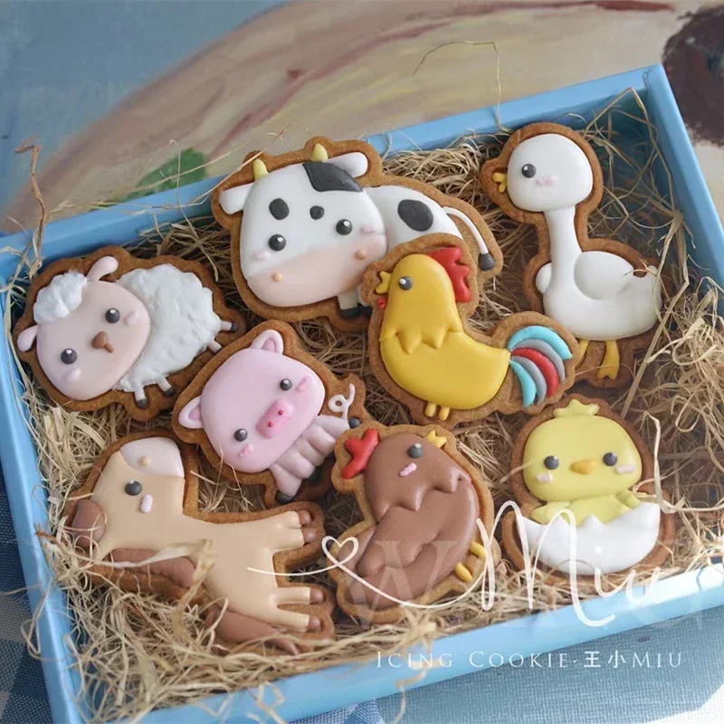 Molde de galleta con forma de Animal de granja, juego de cortador de galletas de glaseado de Fondant, oveja, pollo, cerdo, vaca, Ganso, caballo, herramientas de decoración de pasteles