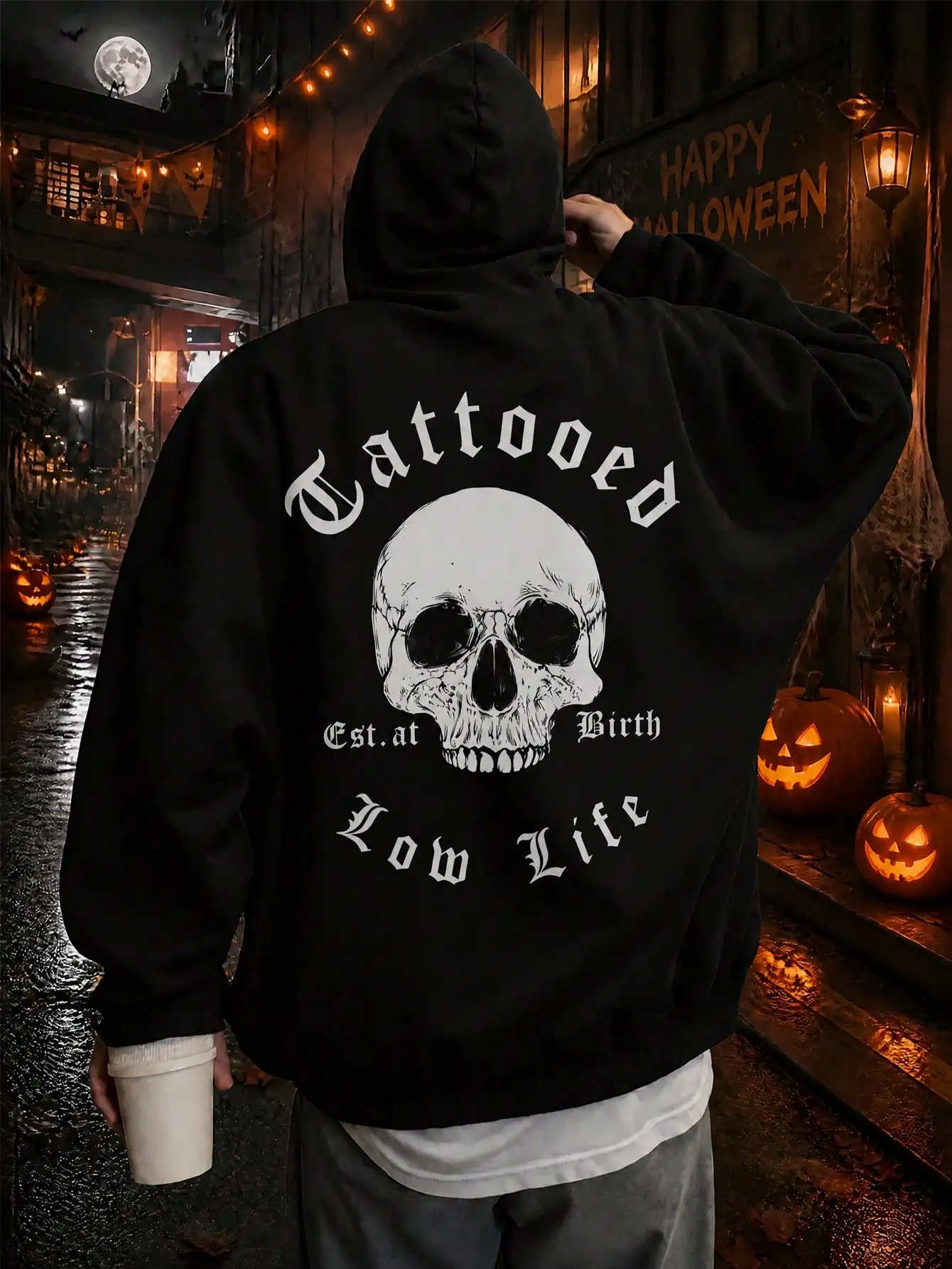 Men Street Hoodie, Vintage Skull Slogan Back Art Print Pullover, Shape‑Retaining For Daily Wear Workout Camping Outdoor Business Scenarios