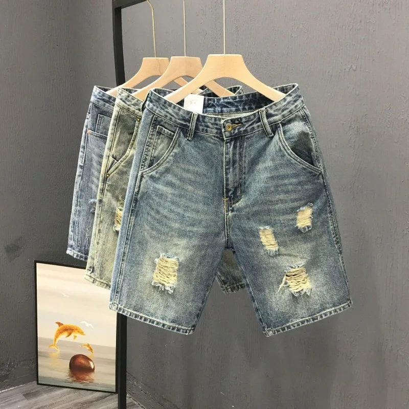 

Модные летние мужские повседневные рваные джинсовые шорты в винтажном стиле