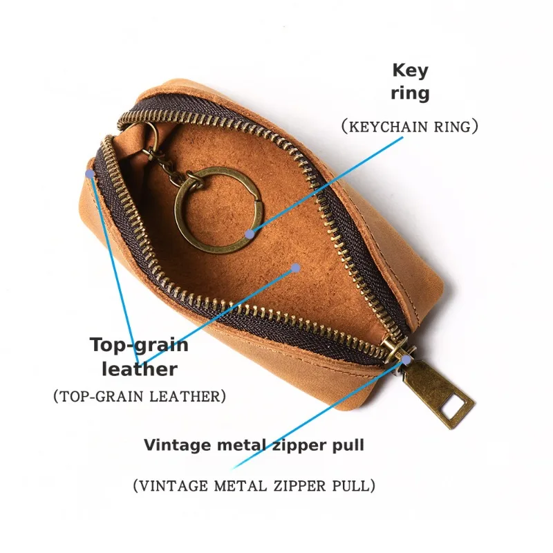 Genuine Leather Coin Purse Kit Crazy Horse Key Holder Multi-function Zipper Pouch Top Grain Cowhide Unisex Storage Stationery