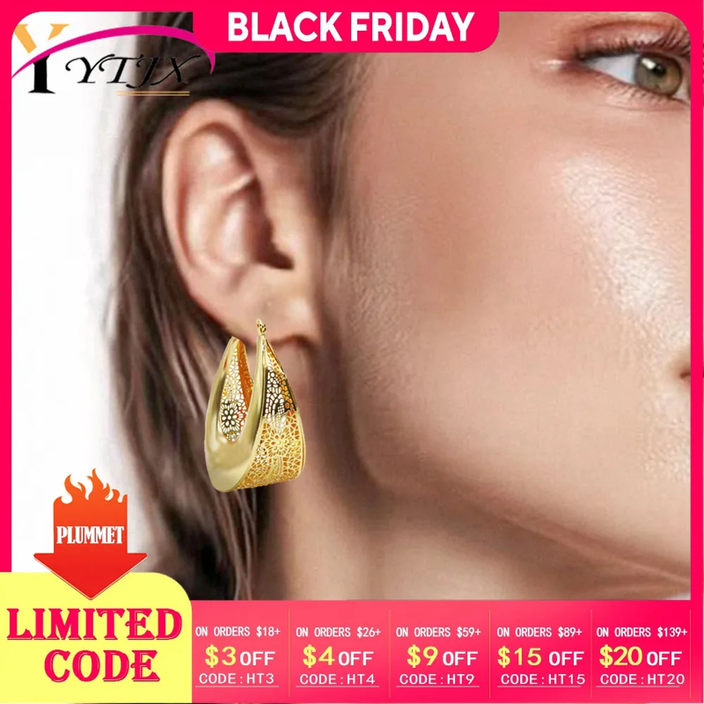 

YTJX Hollow Out Big Earrings Hight Quality 18k Gold Plated Piercing Earrings For Women Autumn and Winter Jewelry Accessories