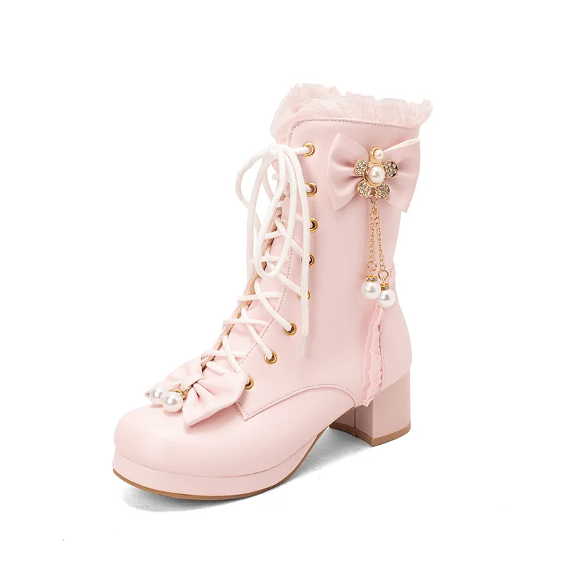 Fashion Bowknot Girls Lolita Boots Pearl Ruffles Women Platform Chunky Heel Ankle Boots Girls Princess Cosplay Party Shoes 28-43