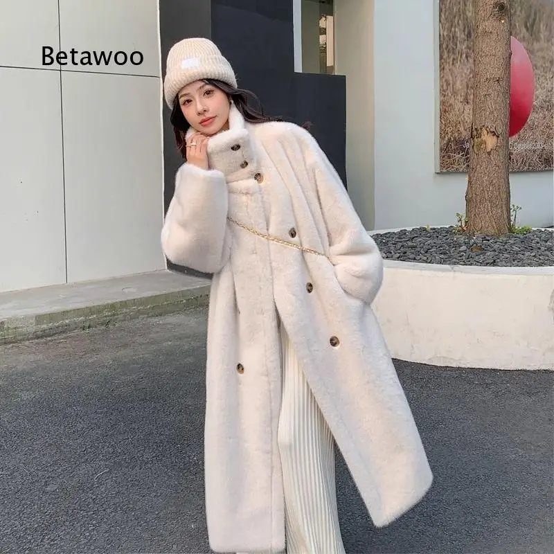 Womens long double breasted faux fur overcoat mink style thick plush padded design warm winter outerwear stylish coat for daily