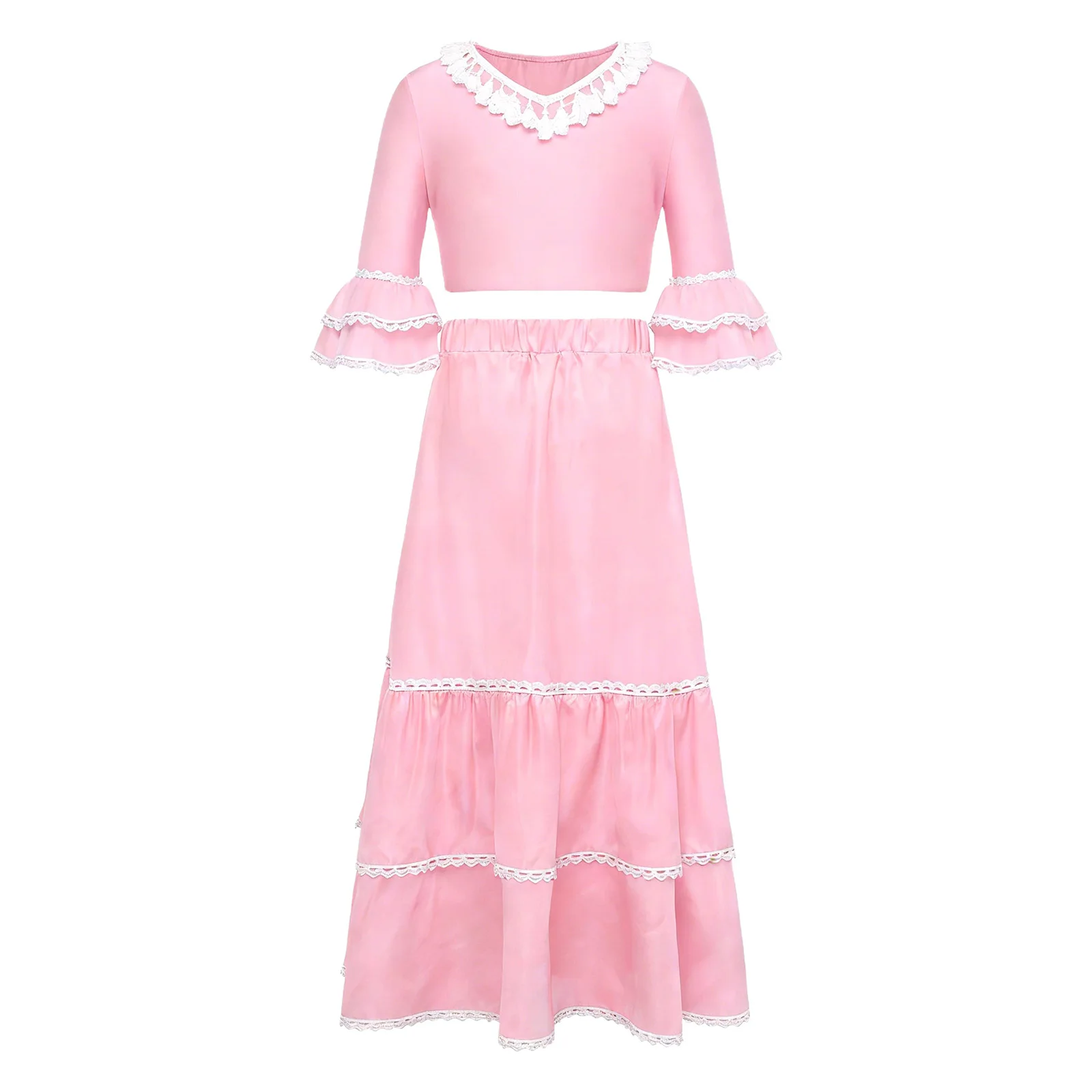 

Girls Flamenco Dance Outfit Tassel V-neck Ruffle Half Sleeves Crop Top with Elastic Waistband Satin Tiered Skirt Latin Dancewear