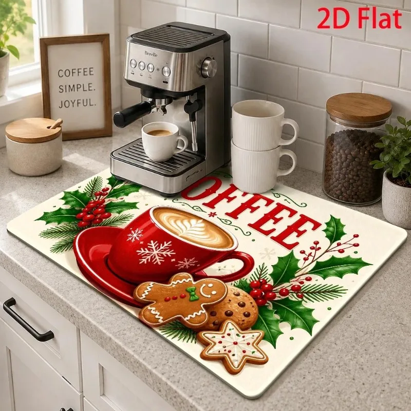Kitchen Counter Mat Holiday Gingerbread Man Red Mug Tableware Drainer Festive Coffee Wreath Cream Cushion
