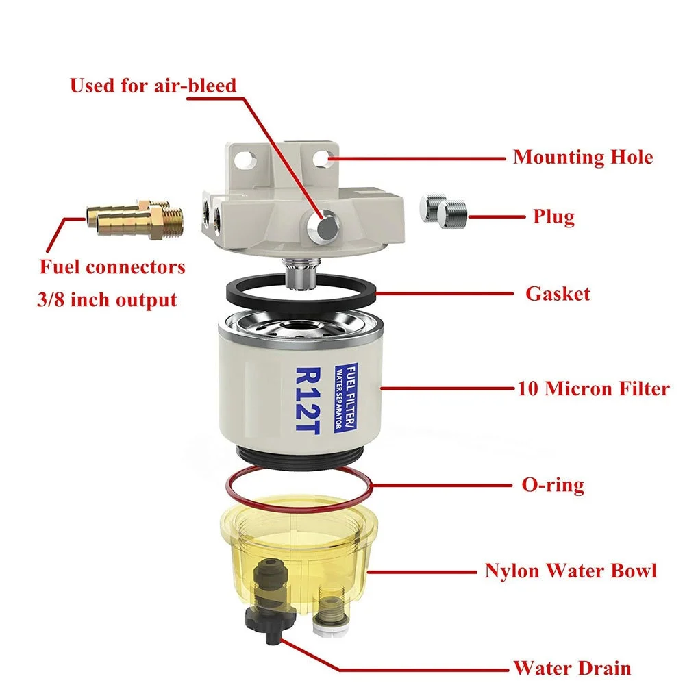 R12T Fuel Filter Water Separator Complete Kit - Marine SPIN-ON R12T Filter Replaces S3240 120AT NPT ZG1/4-19 Fit 3/8 Inch NPT