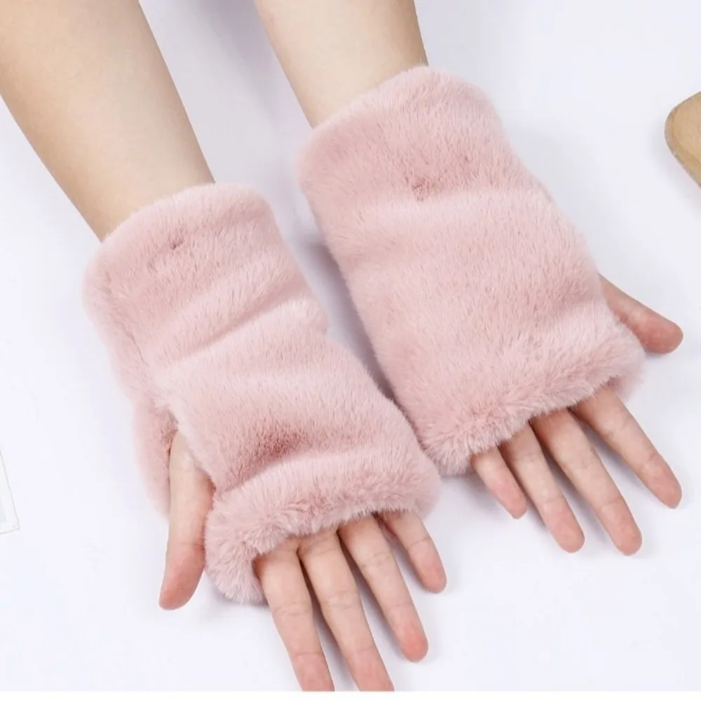 Thickened Fingerless Furry Gloves Fleece Lined Elastic Cuff Half Finger Mittens Skin Friendly Warm Keeping Faux Fur Hand Warmer
