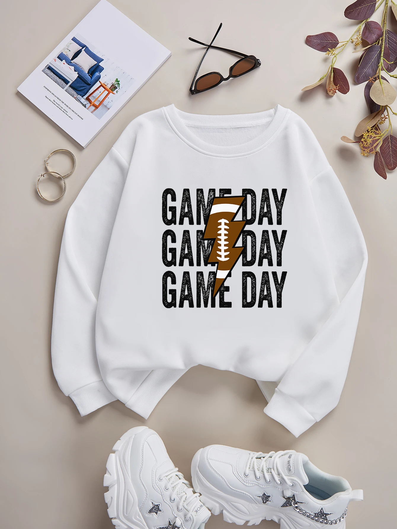 Game Day Football Women's Loose Round Neck Sweatshirt Chic Printing Hoodies Casual Autumn Winter Female Trendy Pullover