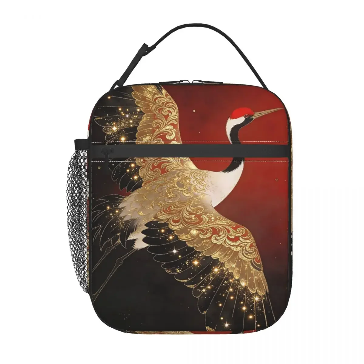 Elegant Chinese Crane And Red Golden Maroon Insulated Lunch Bag for Women Children Portable Food Boxes Thermal Lunch Box Tote