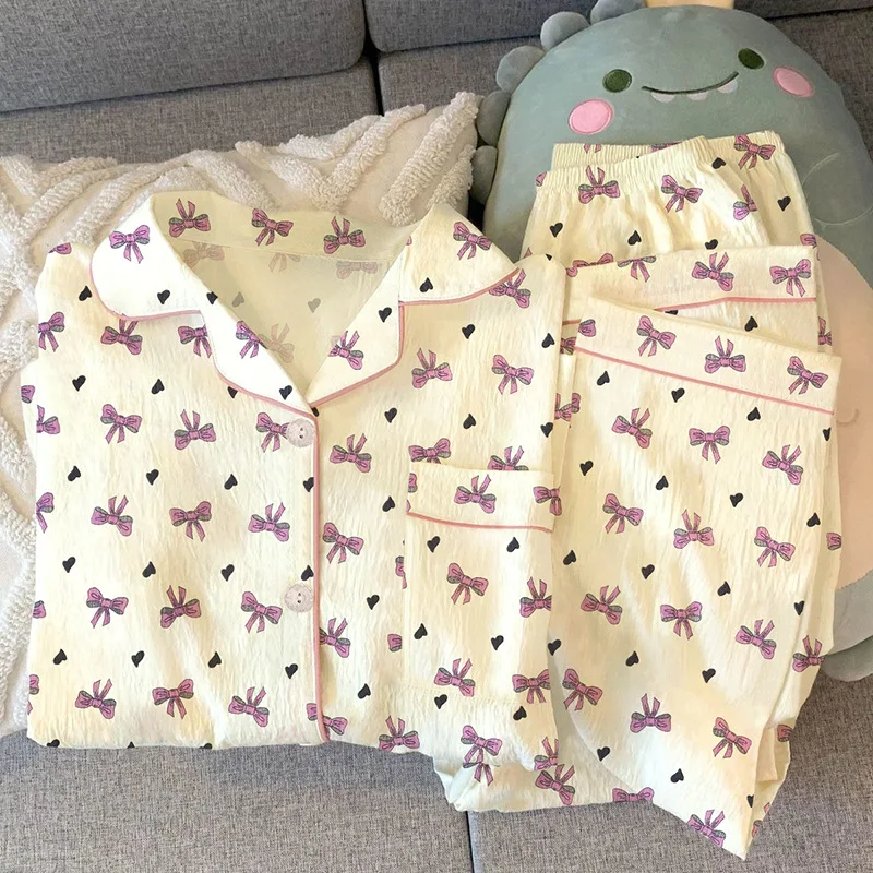 

Spring and Autumn New Women's Pajama Home Clothes Set Sweet Bow Collar Loose Pajama Home Clothes Long Sleeve Long Pants Set