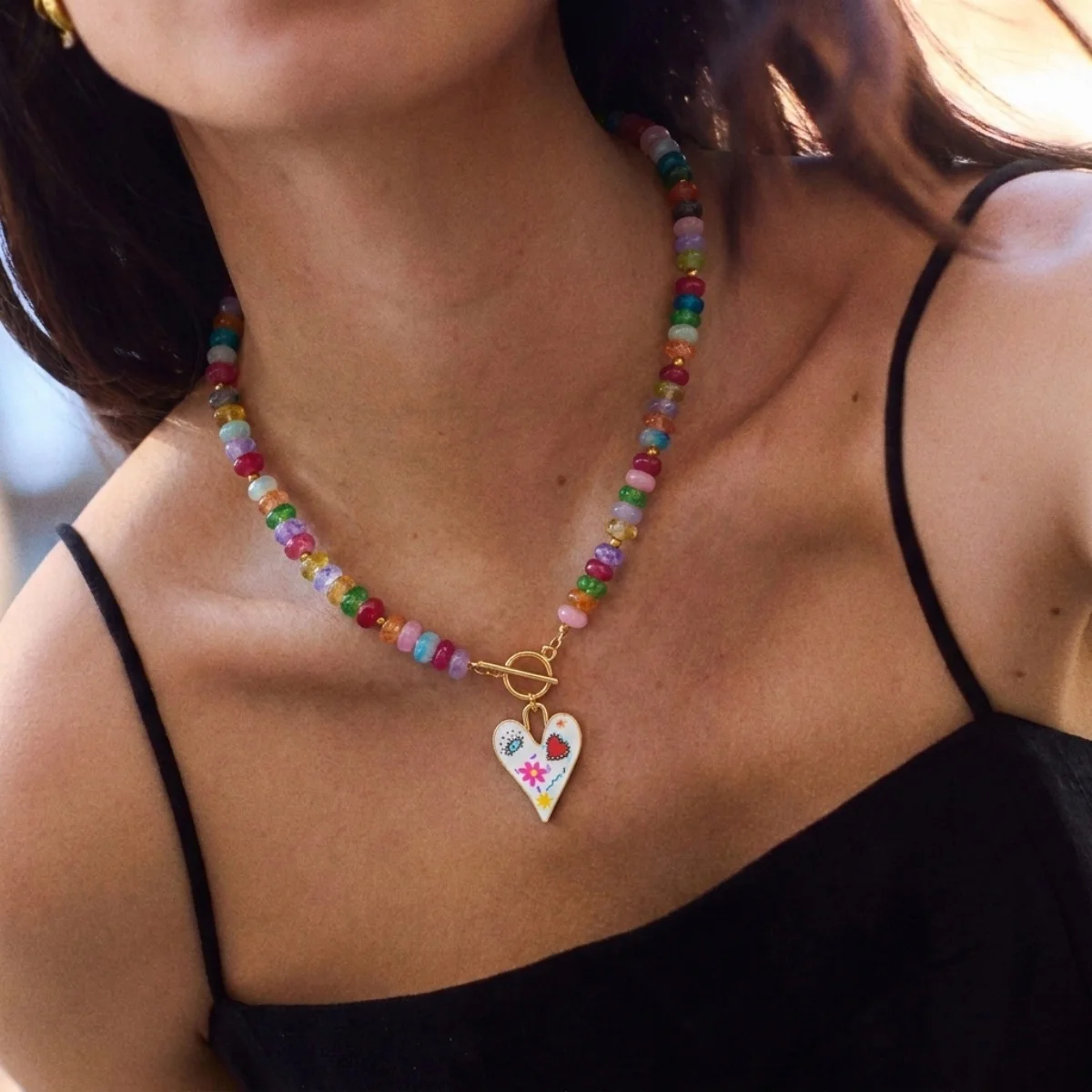 Dopamin Bunte Glas-Flachperlen Graffiti-Blumen-Herz-Anhänger Halskette für Frauen Männer Y2K Vintage OT-Schnallen-Choker Schmuck – Detail 18