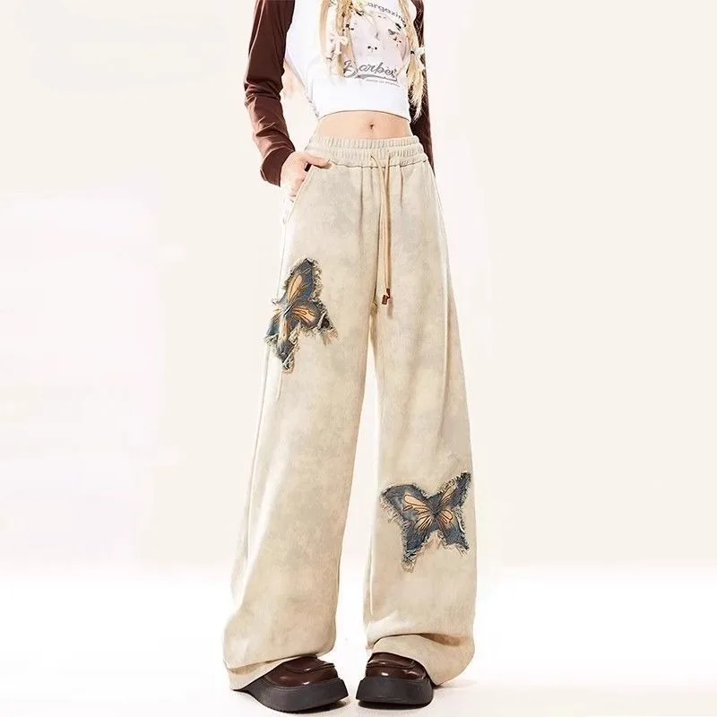 

2025 American Retro Design Butterfly Patch Casual Pants Spring and Autumn 2025 New High Waisted Pants Female Clothing