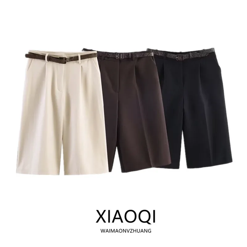 Spring 2026 High Waist Belted Casual Long Shorts Women's Fashion Versatile New Arrival Straight Leg Zipper Fly Other Material