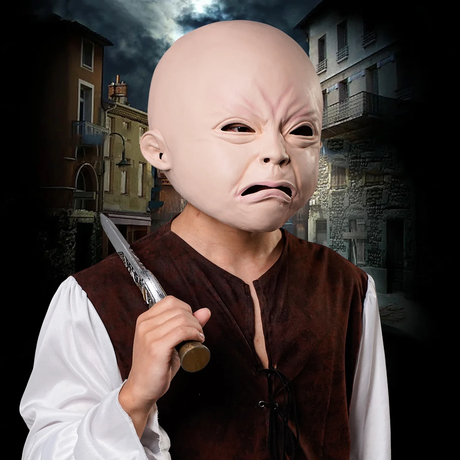 

2025halloween Coiffe de poupée réaliste avec visage qui pleure, masque effrayant pour Halloween, expression triste et amusante