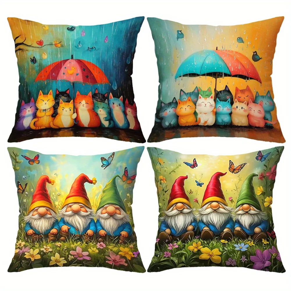 4pcs Cat and Garden Dwarf digital printing pillow cover Short plush Suitable living rooms bedrooms sofas throw cushion cover