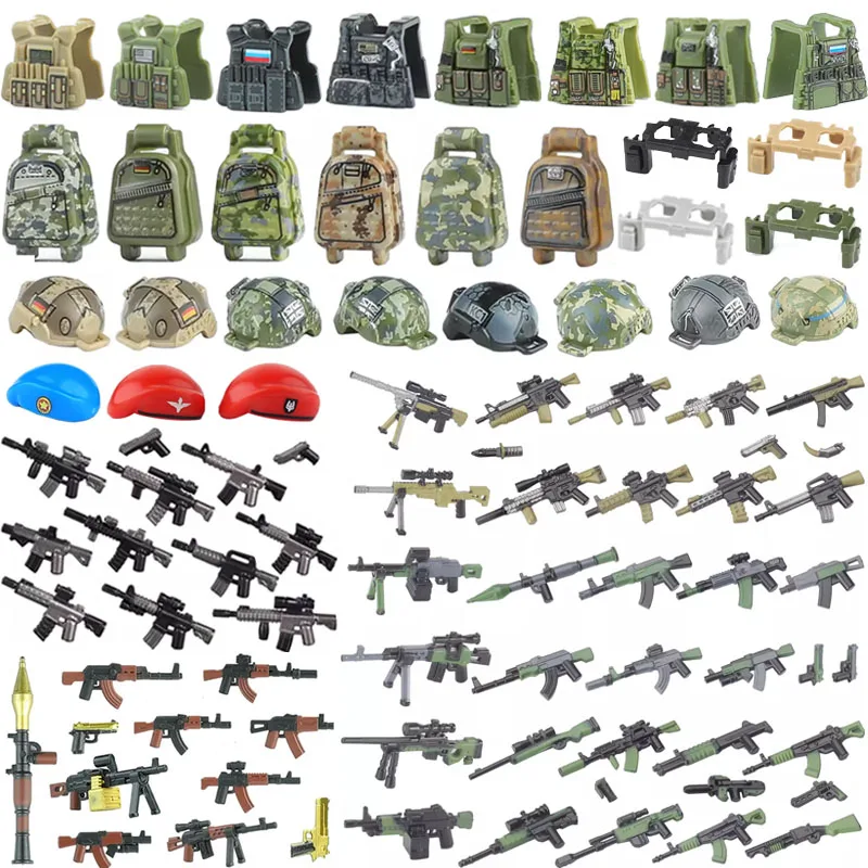 MOC Military Building Blocks Figures Weapons Accessories SWAT Gun Helmet Backpack Bulletproof Vest Beret Mini Bricks Army Toys