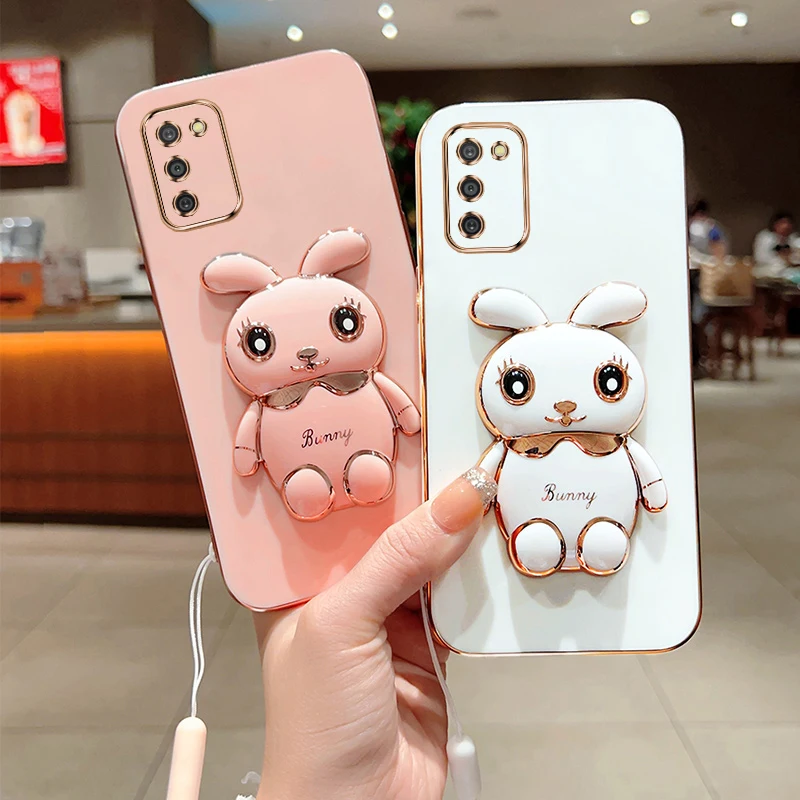 Luxury Plating Plaza Rabbit Miror Makeup Astronaut Phone Holder Silicone Phone Case On For Samsung Galaxy A03s 03s Back Cover