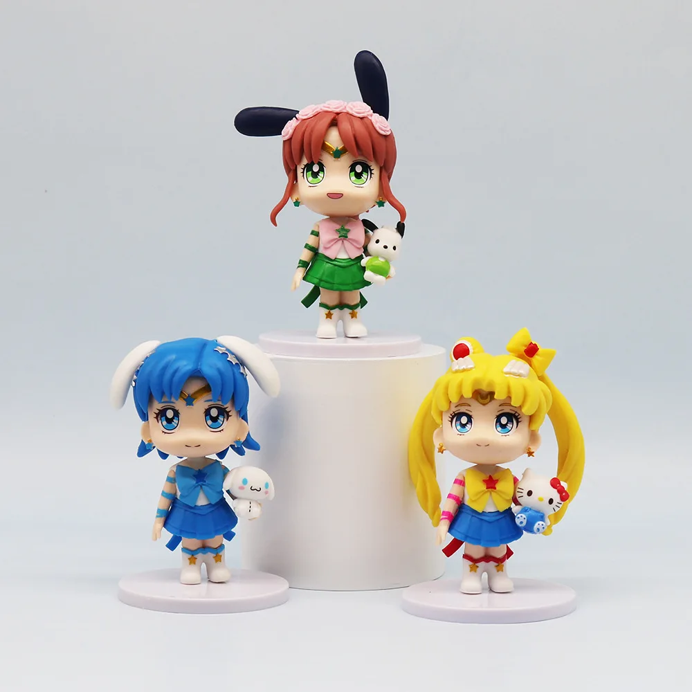 Bonito Sailor Moon Action Figure PVC, Sanrio Olá Kitty, Kuromi Melody, Creative GK Modelo Brinquedos, carro e ornamento Desktop, 6pcs por conjunto