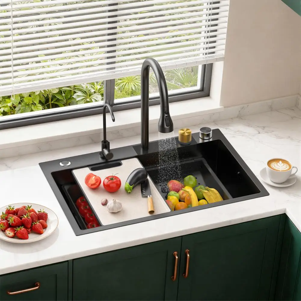 Waterfall Stainless Steel Kitchen Sink, 26.8 x 17.7in Single Bowl Workstation Sink with Cup Rinser, Drop In Undermount Bar Sink