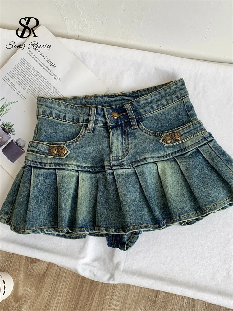 Y2K Vintage Denim Skirt A-line Pleated Slim Metal Button Distressed Spicy Girl Autumn Newest Trendy Street Mini Skirts