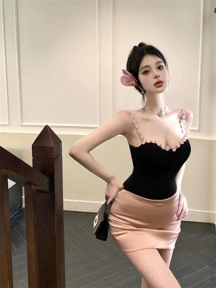 Sexy Floral Tube Top Vest Women's Pure Desire Style Show off Chest Hot Girl Summer Fashion Set Two-Piece Spring Autumn Winter