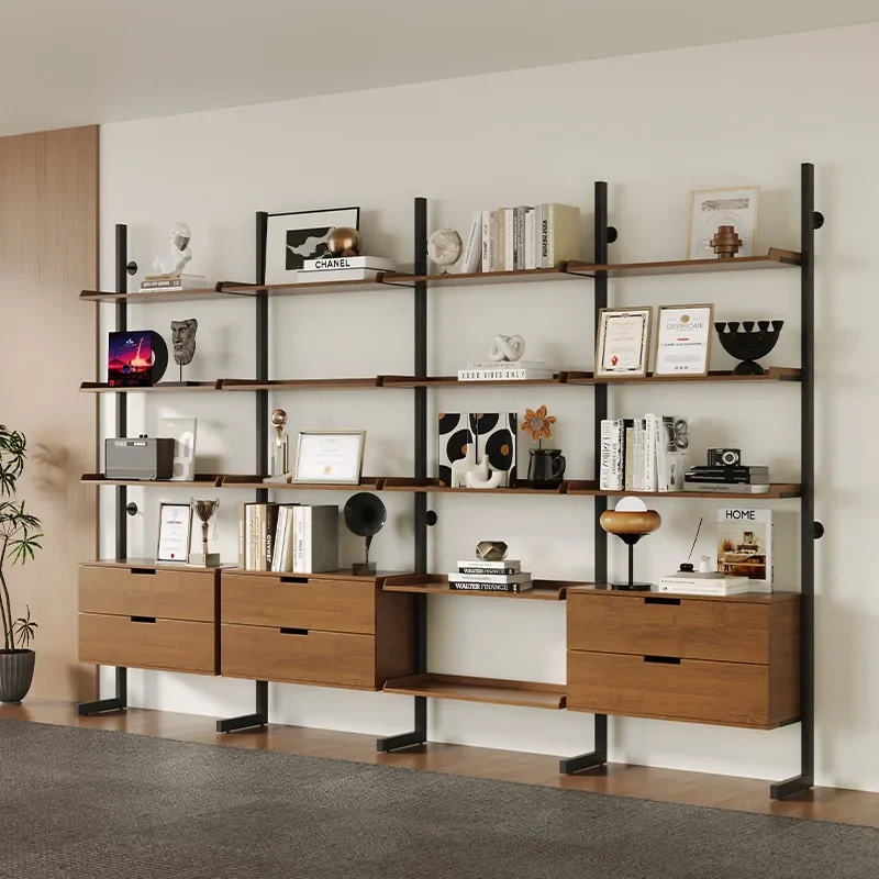 Solid wood bookshelf display cabinet integrated against the wall 2026 high-end office household floor-to-ceiling file cabinet la
