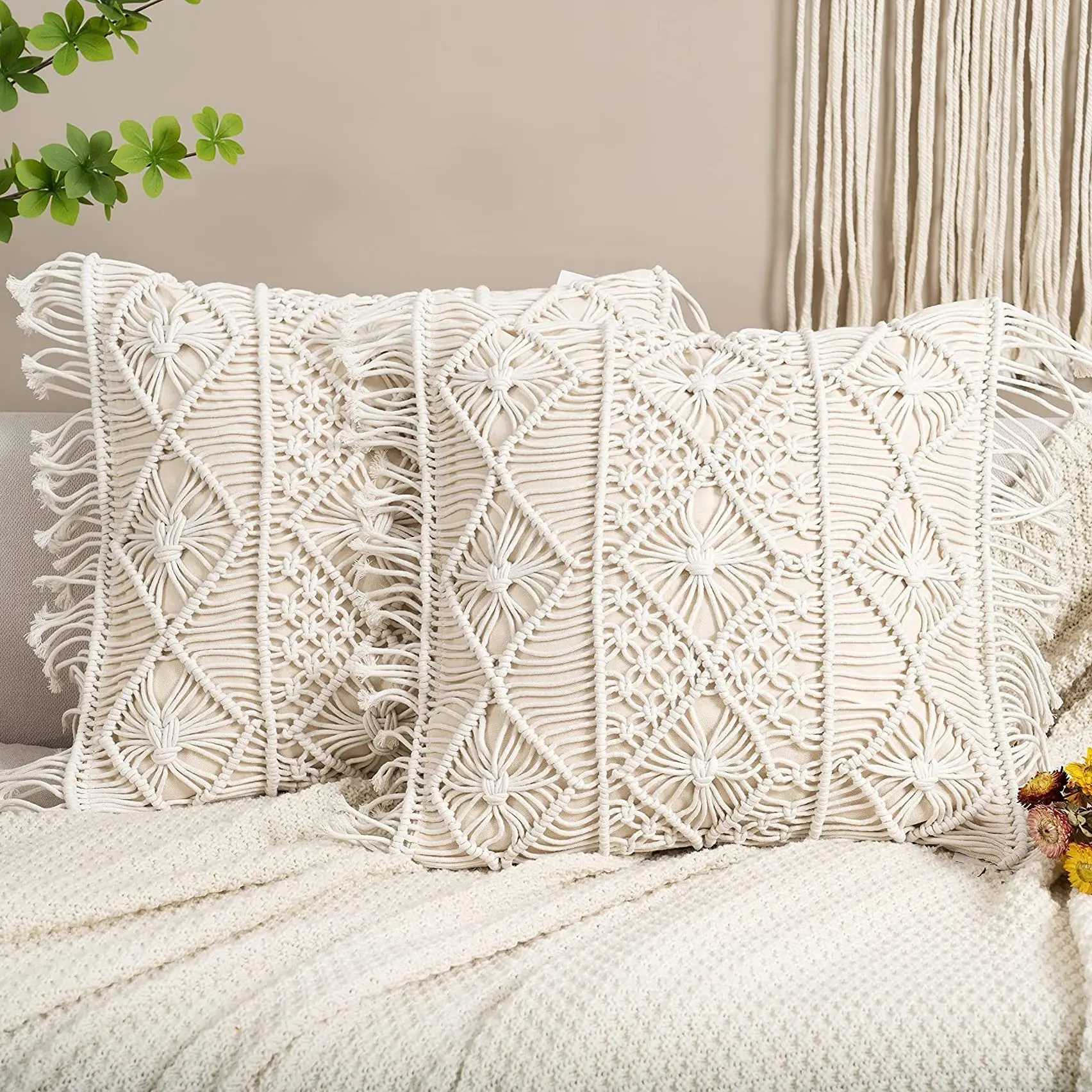 

Macrame Pillow Cover- Set of 2 Boho Cushion Cover 100% Cotton Decorative Fringe Pillow Cover Boho Home Decor