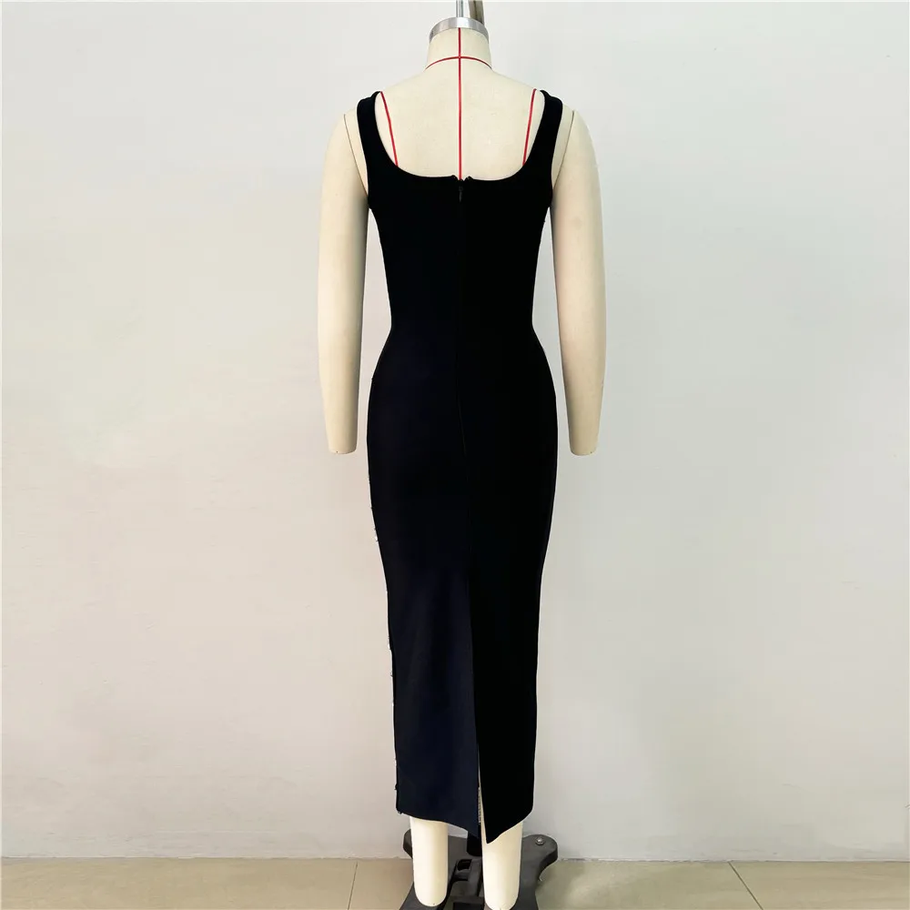 Top Quality Women Sleeveless Sexy O-Neck Big Crystal Bodycon Long Bandage Dress Celebrate Fashion Evening Party Outfit Vestido