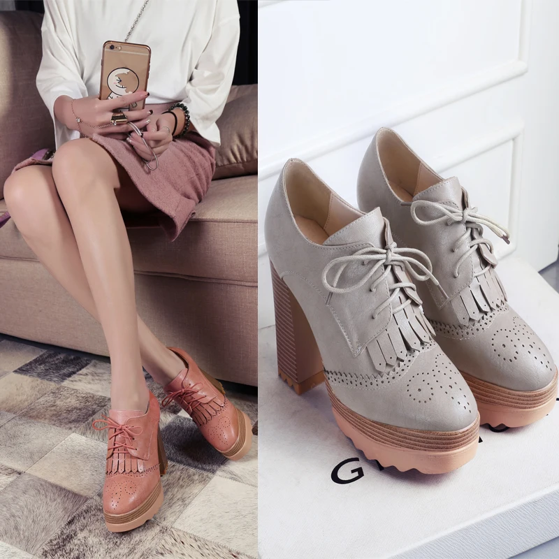 British Women Platform Pumps PU Leather Round Toe Thick Block High Heel Tassel Derby Vintage Oxfords Casual Lady Lace-up Brogues