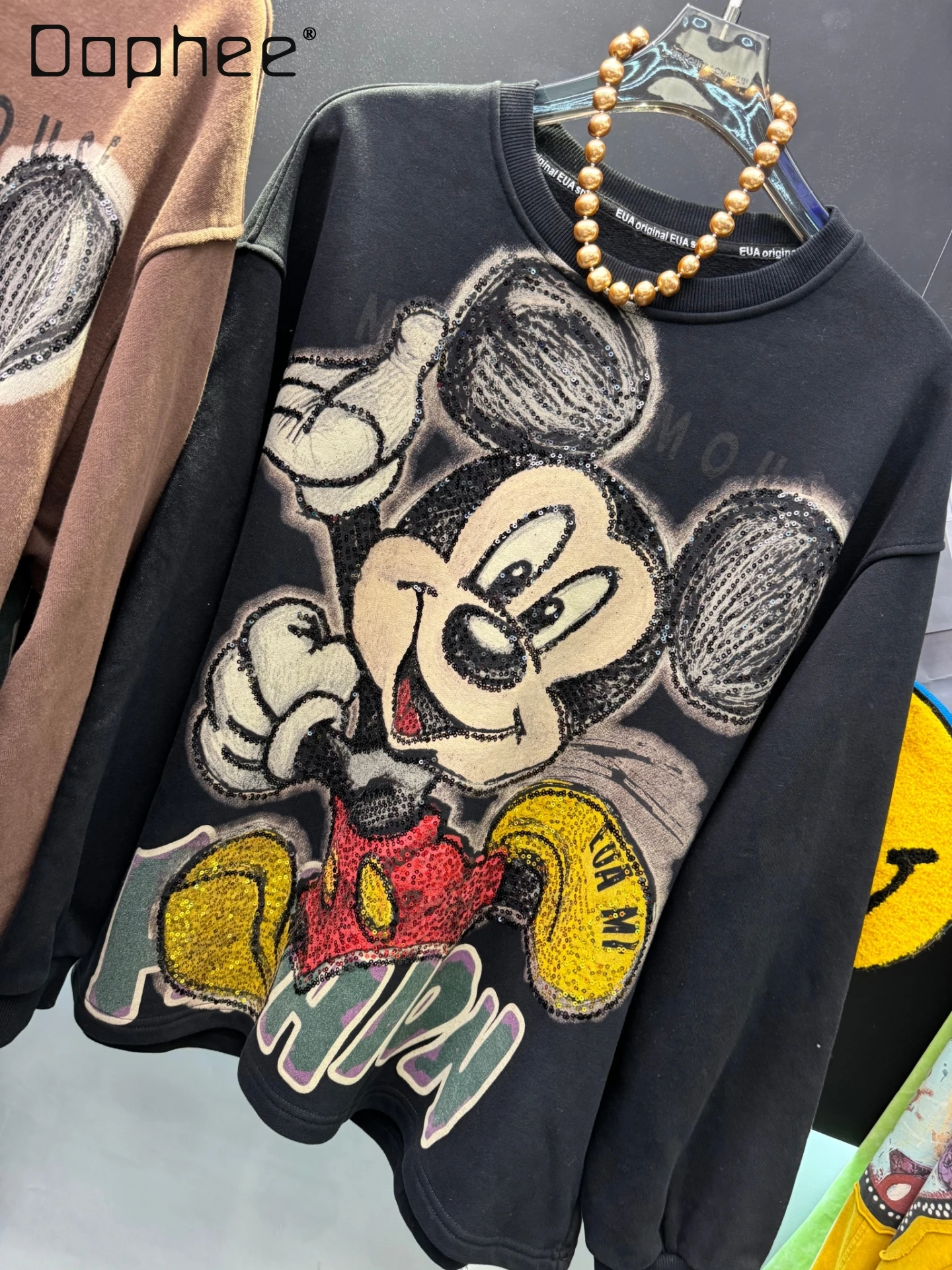 

European Cartoon Print Sweatshirt Autumn Winter Fleece Washed Cotton Loose Fashion Round Neck Long Sleeve Women's Sweatshirt