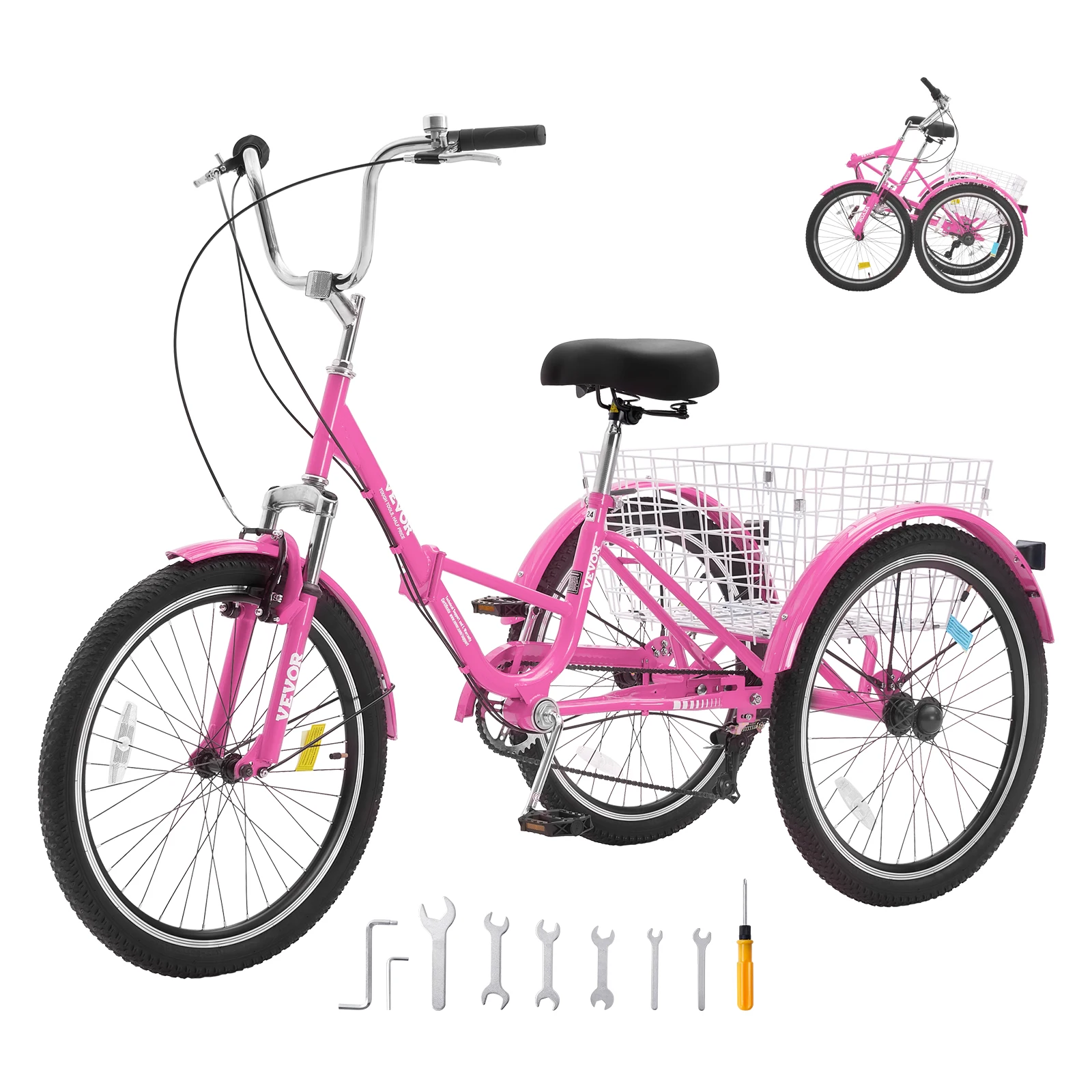 

VEVOR 24inch 7-Speed Folding Adult Tricycle Folding Trikes Carbon Steel 3 Wheel Cruiser Bike with Basket for Shopping Picnic