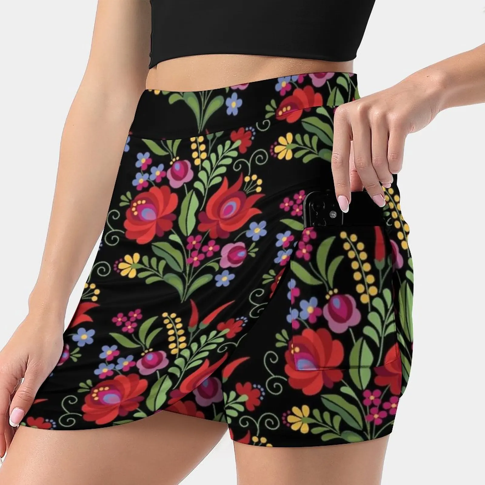 Hungarian Folk Design Red Peppers On Black Women's skirt Aesthetic skirts New Fashion Short Skirts Hungary Magyar Folk Flowers