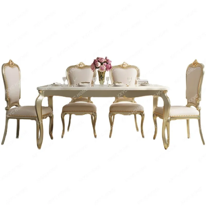 

Rectangular High-End Luxury Champagne Gold Leather Dining Tables and Chairs Combination