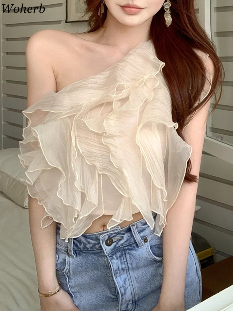 Woherb Blouses Women Off-shoulder Cropped 2024 Folds Sweet Sexy Elegant Top Retro Princess Fashion Ruffles Blusas Mujer Summer