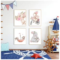 Bunny Poster Paintings Animals Nursery Wall Art Print Rabbit Canvas Painting Pink Flowers Cartoon Picture Girl Baby Room Decor