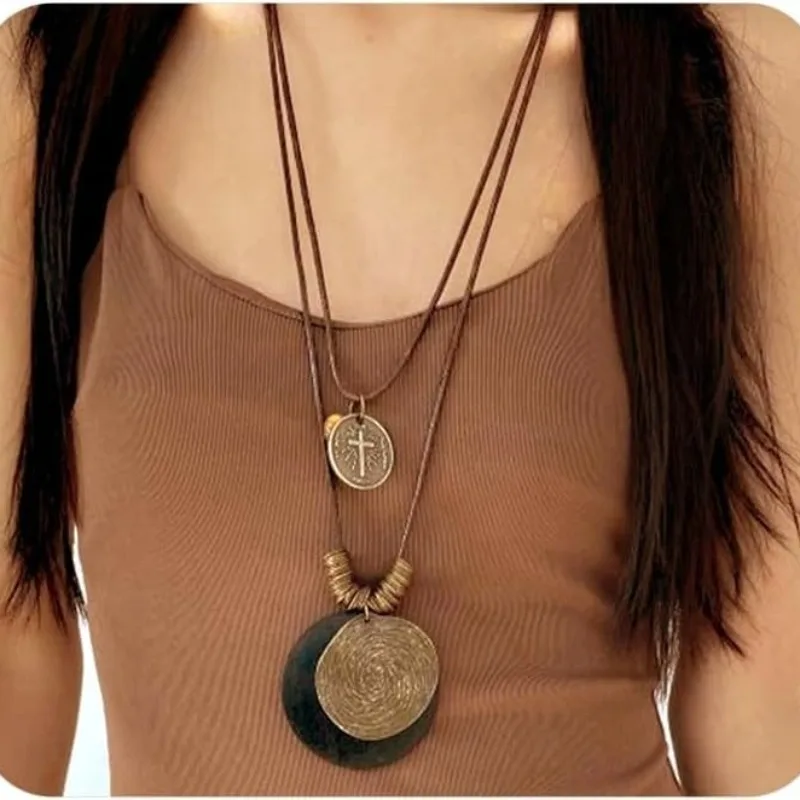 Collares Largos Estilo Boho para Mujer, Collares con Colgante de Disco de Madera y Cordón de Cuero, Gargantilla Vintage de Moda, Joyería de Regalo