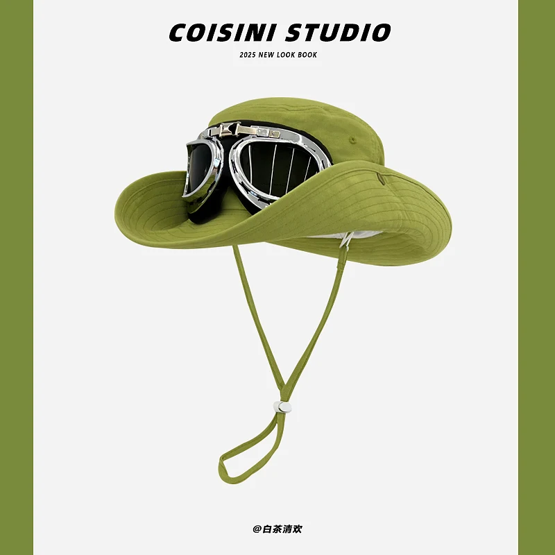 

New Niche Trend Removable Goggles Mountaineering Bucket Hat Men's and Women's Spring and Autumn Sunshade Hiker Fishing Sun Cap