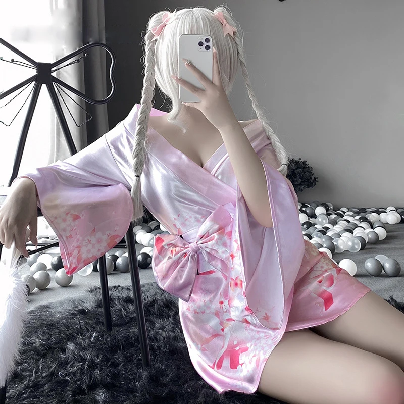 Sexy Kimono Printed Women\'s Erotic Pajamas ACGN Anime Style Kimono Uniform Lolita Bathrobe Japanese Cardigan Cosplay Shirt